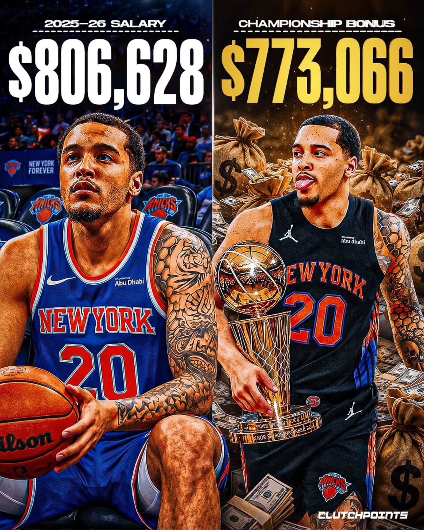 You couldn’t script a wilder year for Jeremy Sochan if you tried.

Back in February, things looked rough. Getting waived by the Spurs and watching his season stall out could've broken a lot of guys. 

But instead, he lands a late-season gig with the Knicks, buys into the culture, and ends up checking into Game 5 of the NBA Finals to help seal the Knicks' first championship in 53 years.

But the financial side of this is just hilarious. 

Because he signed a rest-of-season veteran minimum for about $806,000, that playoff run completely changed his summer plans. 

The Knicks' championship bonus pools out to roughly $770,000 per player. 

He literally almost DOUBLED his entire Knicks salary.

On top of the massive bag, he officially becomes the FIRST Polish player in NBA history to win a championship ring.

Talk about being in the right place at the absolute perfect time. 🏆💸