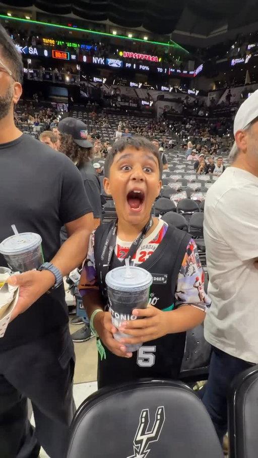 @Omar surprised these Spurs fans sitting in the last row with courtside access for Wemby’s pregame warmup, a chance to high-five the players before they took the court, a gift bag during the game, and upgraded seats during the NBA Finals. ❤️