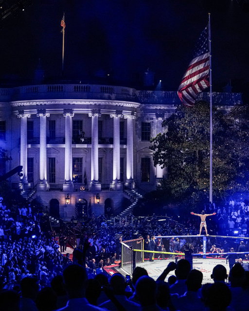 Diego Lopes stands triumphant above the octagon after knocking out Steve Garcia at UFC White House
