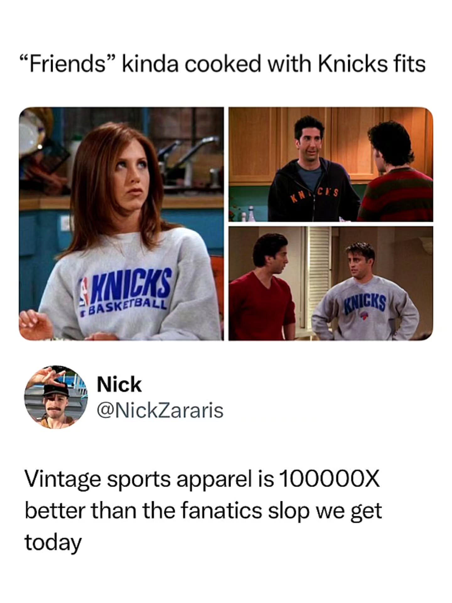 Knicks Fits Aged Like Wine 🏀

The image highlights several scenes from the classic TV show Friends in which characters wear vintage New York Knicks apparel. The post resurfaced after fans noticed how frequently Knicks sweatshirts, hoodies, and team gear appeared throughout the series. What was once ordinary 1990s sportswear is now viewed as a stylish example of vintage fashion, especially compared to many modern team merchandise designs.

The post gained traction because it combines nostalgia, sports culture, and fashion in a single image. The simple logos, oversized fits, and timeless designs feel surprisingly modern decades later. It resonates with anyone who has looked back at an old TV show and realized the characters were accidentally ahead of current fashion trends.