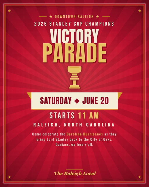 20 years. Worth every single one. 
The Cup is coming HOME, Raleigh. After two decades of heartbreak, near-misses, and “this is the year” group chats, our Canes are 2026 Stanley Cup Champions and we get to celebrate them in the streets of our own city.
Here’s where to be:
📍Downtown Raleigh
Saturday, June 20
Starts at 11 AM
Bring the kids, bring your jersey, bring your voice. This is the kind of day Raleigh has been dreaming about since 2006, so let’s show up loud and show out for the team that never stopped believing.
Save this, send it to your favorite Caniac, and we’ll see you downtown. Let’s go, Canes!