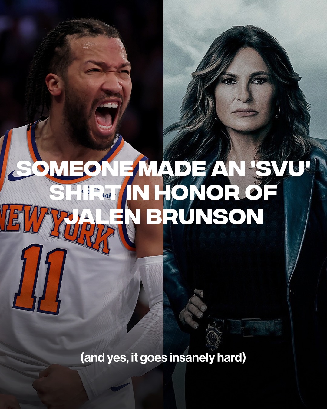 Nah why do I NEED this 😂🔥

Someone made an SVU shirt with Jalen Brunson & Mariska Hargitay in honor of the Knicks winning the NBA Championship.

[via shirtsthatgohard/x]