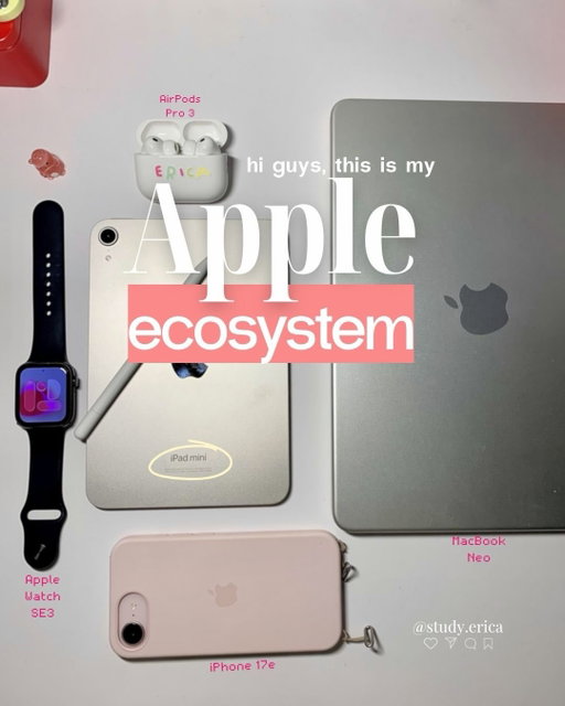 I finally done this dream post 💗🥰

when all technological tools from the same brand aka @apple , my productivity absolutely improves better✨👩‍💻

Here’s the information you need: 
• iPhone 17e 🩷
• MacBook Neo 🩶
• iPad Mini (2021) 🧡 & Apple Pencil USB-C
• Apple Watch SE3⌚️ 
• AirPods Pro 3 🤍

#appleecosystem #iphone17e #applewatchse3 
#studygramcommunity #apple @helloapple 

Are you a fan of iOS or Android ☺️?