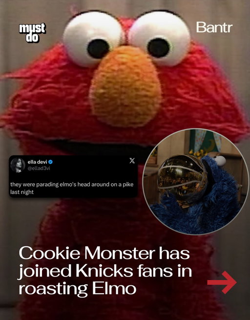 “These streets ain’t Sesame”.

ICYMI, Elmo wished both the Knicks and Spurs good luck before the finals, telling fans he hoped both teams would have fun. New Yorkers were not impressed.

The backlash was swift, hilarious, and borderline cruel. And it has not slowed down. Elmo hasn’t tweeted in days and an effigy of him was even seen being paraded through NYC this weekend.

After the Knicks won their first NBA championship in 53 years, Cookie Monster finally weighed in, posing with the trophy and roasting Elmo for his fence-sitting.

Media via @cookiemonster/Twitter

#readbantr #elmo #cookiemonster #viral #knicks