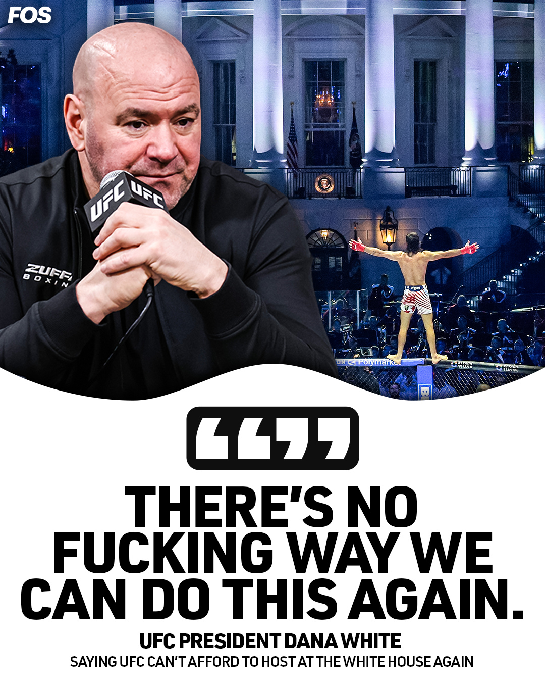 UFC president Dana White was in awe of what happened at Freedom 250 at the White House, but was very clear after: there will be no repeat occurrence—despite what U.S. President Donald Trump or anyone else might ask.⁠
⁠
“I can’t afford it,” White said in a post-fight press conference when asked about staging another White House event. “There’s no fucking way we can do this again. I’ll never do the Sphere again, and we’ll never do this again.”⁠
⁠
UFC went to Freedom 250 expected to lose about $30 million from the event, recouping only half of the $60 million the fights cost to put on. The mixed-martial arts showcase, however, drew nearly 200,000 people over the weekend to the Ellipse, adjacent to the South Lawn where the fights were held. Merchandise sales, meanwhile, doubled the prior UFC record, and White said Paramount CEO David Ellison was pleased with the event’s impact on the Paramount+ streaming service. ⁠
⁠
Specific viewership figures from UFC Freedom 250 haven’t yet been disclosed, but the fight is projected to be a sizable lift for Paramount+.⁠
⁠
“In every way you can measure success, … it was monstrous tonight. You don’t get calls from billionaires flipping out too often,” White said of Ellison. ⁠
⁠
White, however, said he has no appetite for staging any future events outdoors after grappling all weekend with weather uncertainty. ⁠
⁠
“I don’t ever want to fucking be outside again,” he said. “There’s just too much.”⁠
⁠
Full story in bio.