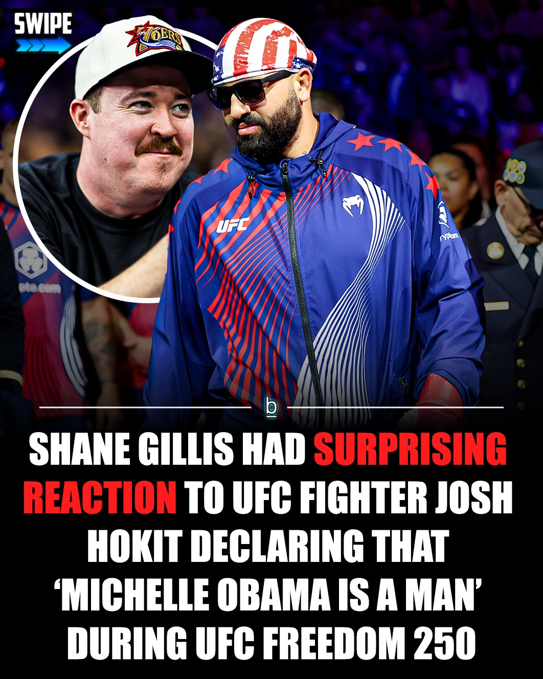 UFC fighter Josh Hokit, who made headlines by stumbling up to the scale and throwing up on himself during the UFC Freedom 250 weigh-ins on Saturday, declared that former First Lady Michelle Obama “is a man” after his Round 2 TKO win over Derrick Lewis on Sunday night. 😬

In one of the many Idiocracy-esque scenes that was produced by the UFC Freedom 250 event on Sunday night, Josh Hokit’s post-fight comments may have taken the cake.

As popular political commentator Tim Miller succinctly summarized, Hokit shouted “‘Michelle Obama is a man!’ on the White House lawn in a ring sponsored by Bud Light only available on Larry Ellison’s Paramount Plus.” 📺

While some people may want this to be their representation of the United States of America, comedian Shane Gillis apparently isn’t one of them. 👎

Gillis — despite being a recent fixture at UFC fights and being largely associated with the right-wing comedy/podcast “man-o-sphere” that helped Donald Trump secure the votes of young men — wasn’t a fan of Hokit’s comments.

🗣️ - “I didn’t love that,” Gillis told a reporter when asked about Hokit’s comments.

Hokit’s comments about the former First Lady came just a day after he told the media that he had been drinking the night before because he had “a giant black man that wants to knock me out.”

Hokit, 28 years old, improved to 10-0-0 in the UFC with his win over Derrick Lewis and is currently the 5th ranked heavyweight fighter in the company. 👊

Follow 👉 @brobible for all things “dude” 😎 

#ufc #mma #guys #men #dudes