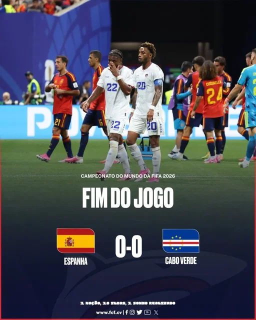 🏆 Mundial 2026
📝 1.ª Jornada Grupo H
🗓️ 15 de Junho 
🏟️ Estádio do Atlanta 

𝗙𝗜𝗠 𝗗𝗢 𝗝𝗢𝗚𝗢
Espanha 🇪🇸 0️⃣-0️⃣ 🇨🇻 Cabo Verde 

www.fcf.cv

----- 

#FIFAWorldCup | #FIFAWorldCup2026 | #CaboVerde | #TubarõesAzuis | #WeAreCaboVerde