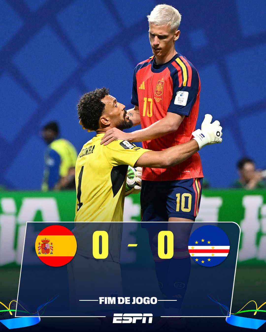 EMPATE HISTÓRICO DE CABO VERDE!!!!!!!!!! 😱🇨🇻🇪🇸🔥 Com o goleiro Vozinha sendo protagonista do jogo, a Espanha de Lamine Yamal não sai do zero e empata com Cabo Verde na sua estreia na Copa do Mundo!

#ESPN2026 #Espanha #CopadoMundo #CaboVerde