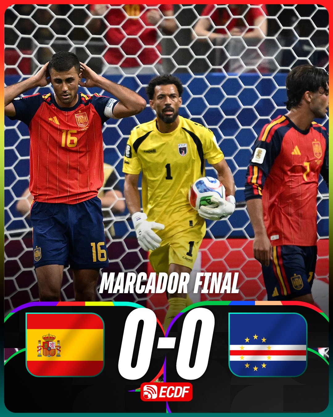 ¡SORPRESA EN EL MUNDIAL! ¡ESPAÑA NO PUDO CON CABO VERDE! 🇪🇸😱

Se registra el primer empate 0-0 del torneo. España no logró romper el empate ante Cabo Verde. 🤯

🧤 Vozinha fue la gran figura del encuentro con una actuación memorable.

✅ Lamine Yamal debutó en una Copa del Mundo. #AFP