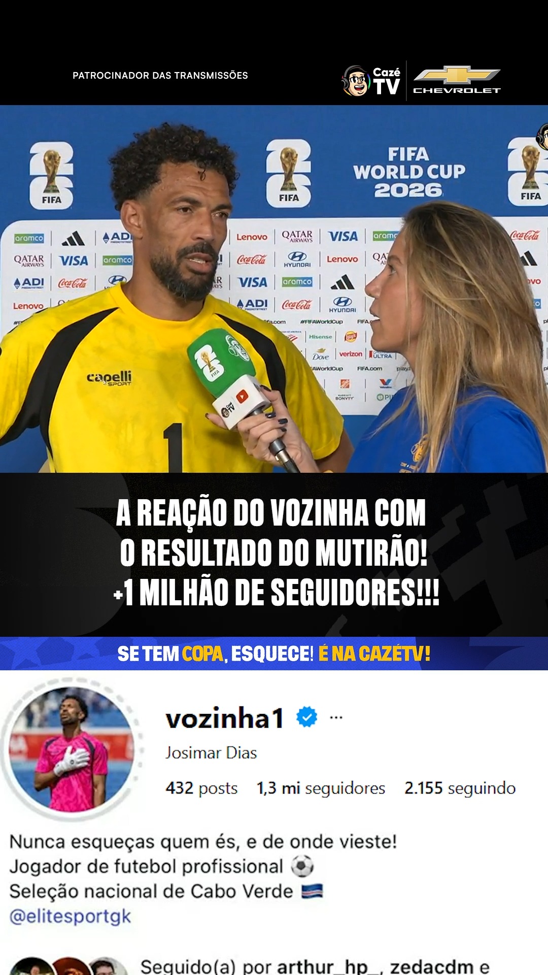 QUE MOVIMENTO, SÉRIO! 🥹🥹🥹 DEPOIS DO MUTIRÃO, O VOZINHA GANHOU MAIS DE UM M-I-L-H-Ã-O DE SEGUIDORES! 🌽 Em poucos minutos, junto com vocês, conseguimos um FEITO HISTÓRICO! 👏 O GOLEIRO DE CABO VERDE ENTROU EM CAMPO COM MENOS DE 57 MIL DE SEGUIDORES, E AGORA TEM UM MONTE DE GENTE APLAUDINDO E ACOMPANHANDO EM SUAS REDES SOCIAIS! ISSO É COPA DO MUNDO! 🤝🏆

👉 @vozinha1 

SE ALGUÉM QUISER A CAMISA IGUAL A QUE O VOZINHA GANHOU, TÁ DISPONÍVEL NO MERCADO LIVRE! ⬅️

#CoberturaCazéTV #CopaNaCazéTV #cztv06 #cztv12 #VídeoPatrocinado #Chevrolet
