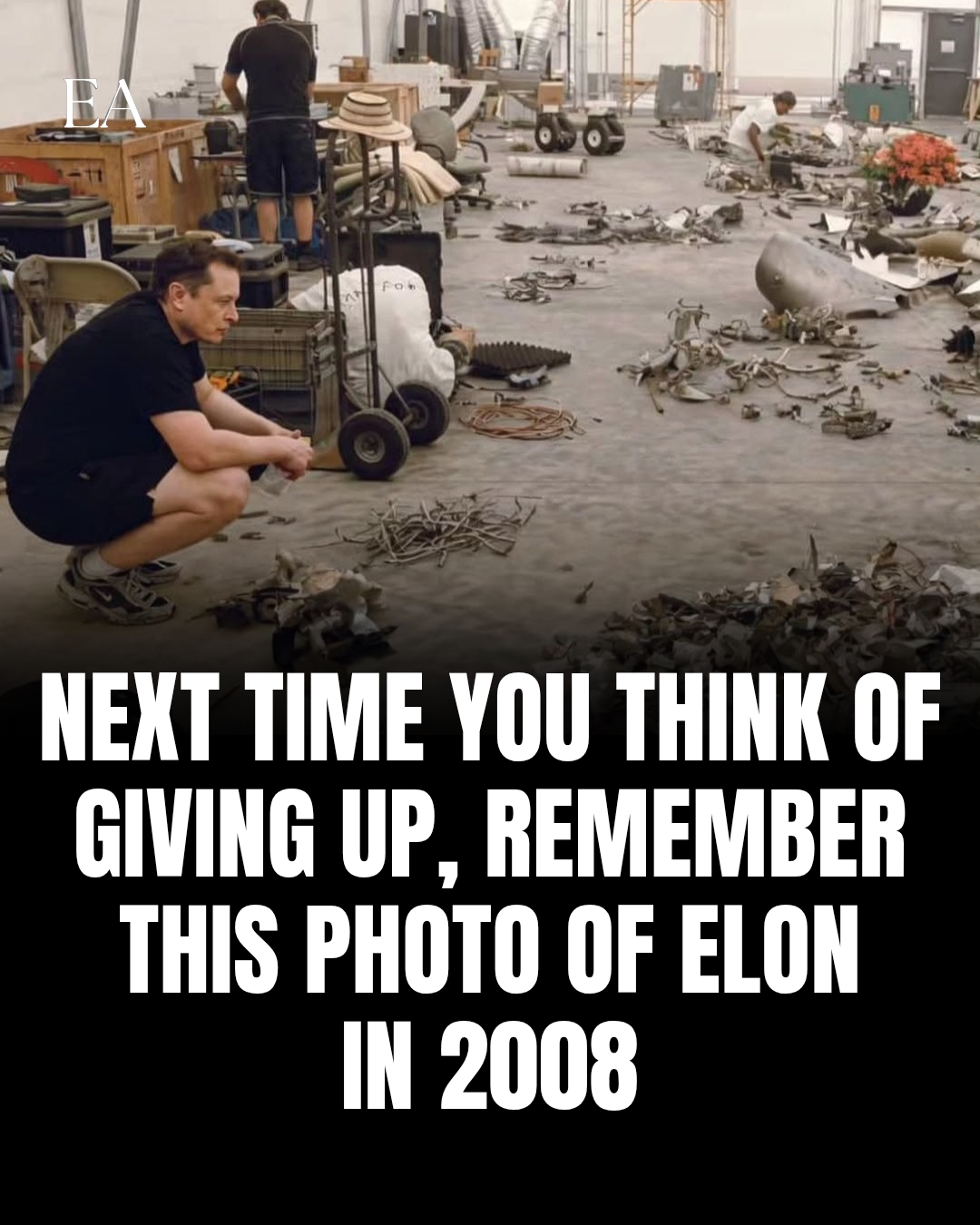 In 2008, Elon Musk stood beside the wreckage of another failed Falcon 1 launch.

SpaceX was running out of money. Tesla was on the brink. Most people saw a company collapsing under the weight of repeated setbacks.

Musk saw something different: one more lesson, one more attempt, one more chance to get it right.

Years later, SpaceX transformed from a struggling startup into one of the most valuable companies in the world. What once looked like failure became the foundation for reusable rockets, global satellite internet, and ambitions to make humanity multiplanetary.

The power of this photo isn't the debris scattered across the floor. It's the reminder that success is often built on moments that looked like defeat to everyone else.

History rarely remembers how many times you fell. It remembers whether you got back up.