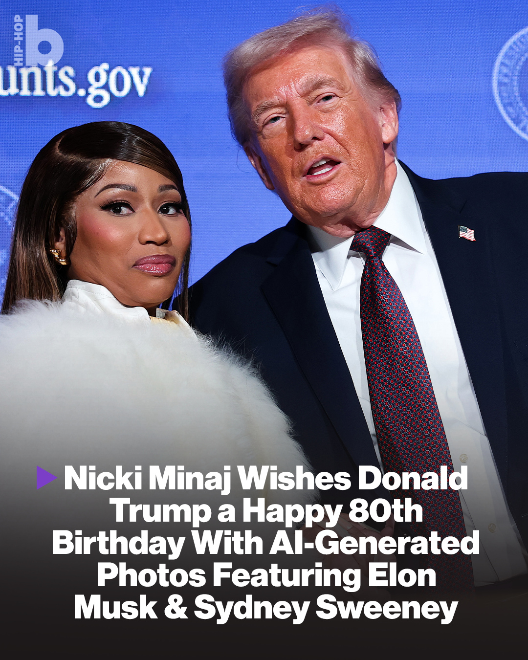 Nicki Minaj is making headlines again after wishing Donald Trump a happy 80th birthday. ⁠
⁠
The Queens rapper posted a series of AI-generated images to X on Sunday (June 14), showing herself alongside the former president in different fantasy-style scenes, including a ballroom moment and a cartoon-like version of the pair.⁠
⁠
“Happy 80th birthday Mr. President,” she wrote.⁠
⁠
The post quickly sparked mixed reactions online, with fans flooding the replies questioning the surprising shoutout.⁠
⁠
See the AI-generated images at the link in bio.
