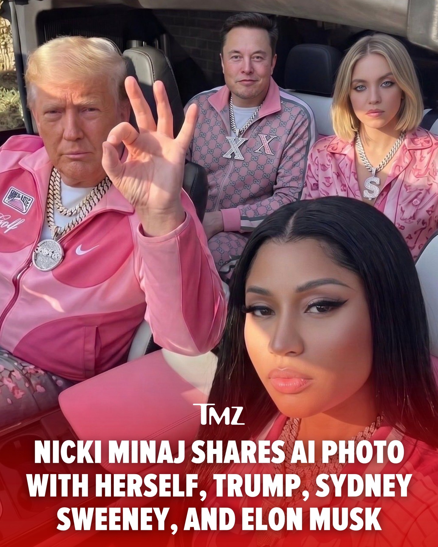 Why is Sydney Sweeney in it? 😭

Nicki Minaj posted a birthday tribute for President Donald Trump's 80th birthday yesterday, and people quickly pointed out an AI-generated Sydney Sweeney making a cameo alongside the president, Nicki, and Elon Musk in one of the photos attached to the post. (📷: X/NickiMinaj)
