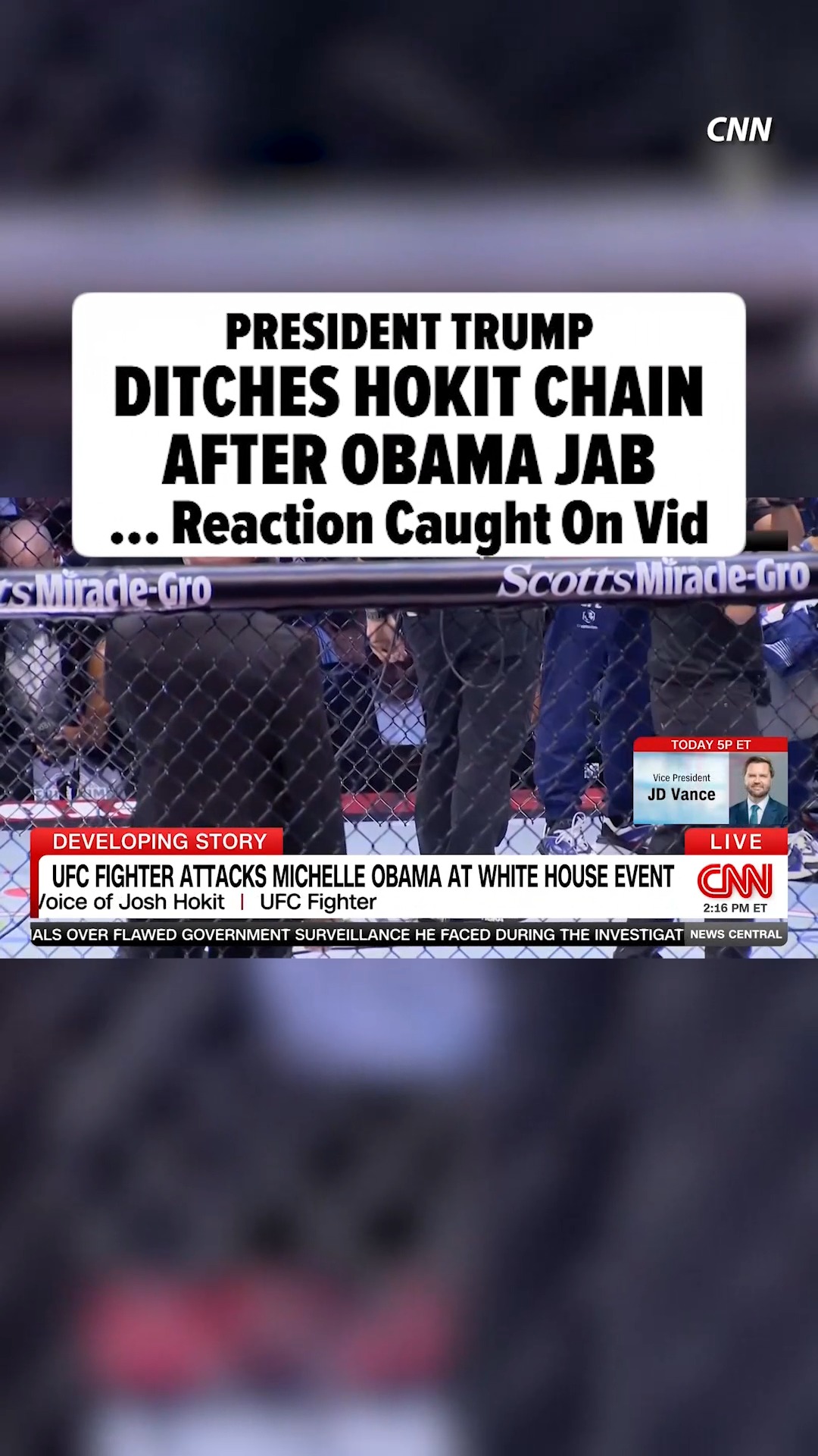 🗣️🙅‍♂️ President Donald Trump appeared uncomfortable after Josh Hokit's nasty remarks about Michelle Obama at UFC Freedom 250 ... to the point where he yanked the fighter's chain right off his own neck shortly after the controversial comment.

🎥: CNN