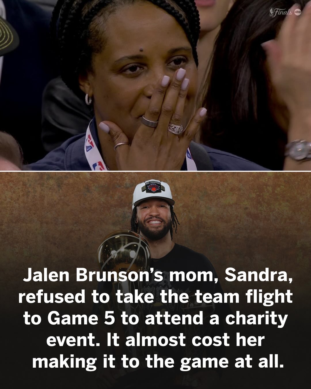 Jalen Brunson’s mom, Sandra, was going to be at Game 5 no matter what, but wanted to honor a previous obligation. A charity event for kids in Harlem. She had to do whatever it took to be there for both the kids and her son ❤️ (via @ramonashelburne) (link in bio for more)