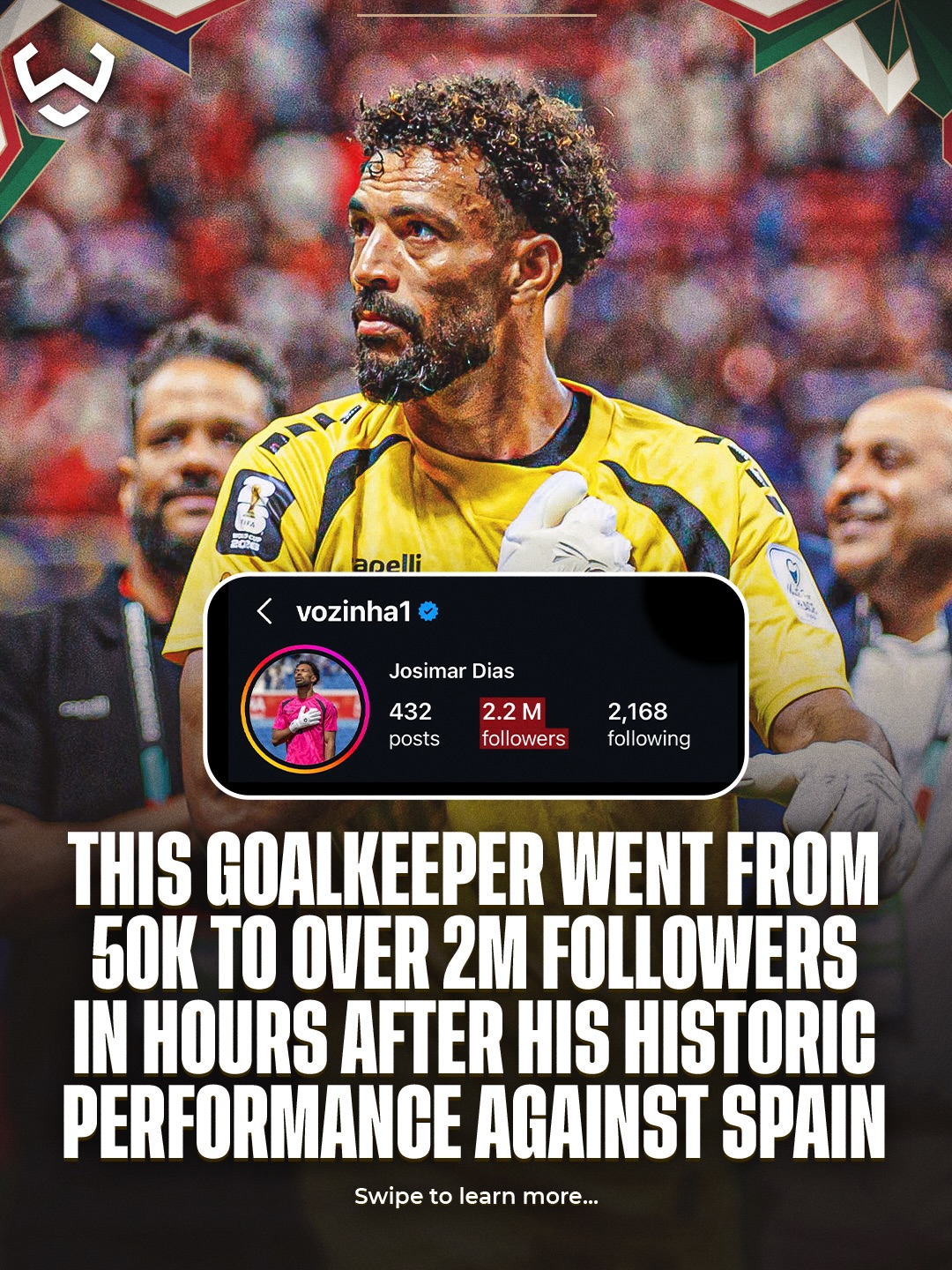 Cape Verde goalkeeper Vozinha had just 50K Instagram followers before the game against Spain 🇨🇻🧤

After his heroic performance, he’s now crossed 2 MILLION followers and the number is still rising rapidly 🤯📈

What a day for the 40-year-old goalkeeper. ❤️👏