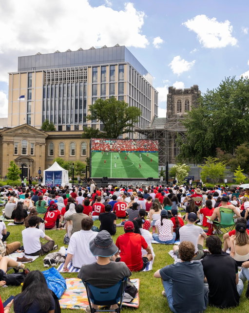Hundreds of soccer fans clad in red and white – blankets, chairs, snacks and friends in tow – descended on #UofT Friday to cheer on Canada as it took on Bosnia and Herzegovina on global soccer’s biggest stage. 🇨🇦⚽️

It was one of three group-stage matches that will be broadcast on a giant, 34-foot outdoor screen on U of T’s picturesque Front Campus. The next two matches, both being played in Vancouver, are: Canada vs. Qatar on June 18 at 6 p.m. and Canada vs. Switzerland on June 24 at 3 p.m. (all times eastern). 

Join us on Front Campus to witness historic matchups & unforgettable moments, live on the big screen. Learn more: uoft.me/cu1 or at the link in bio. 🔗