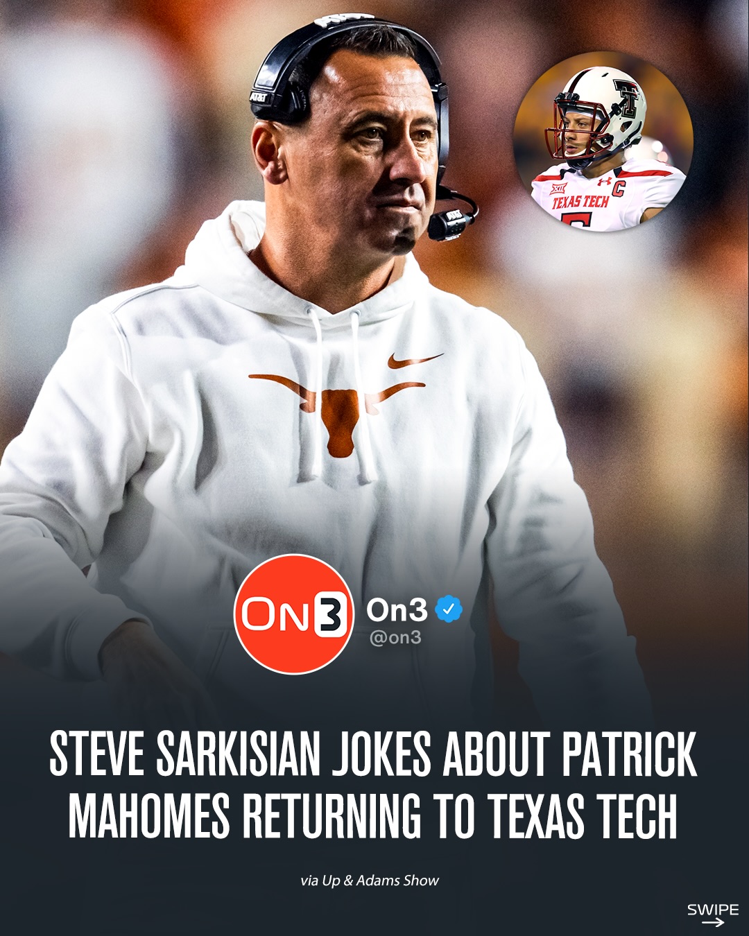 Texas HC Steve Sarkisian jokes Patrick Mahomes could return to Texas Tech amid the recent wave of eligibility injunctions:

“The ways these injunctions are going, Pat Mahomes might be playing quarterback from Texas Tech again before Joey’s done.”

(via @upandadamsshow)

Follow @On3CFB for year round
College Football content