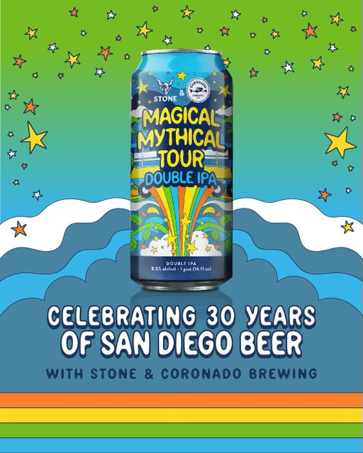 When two San Diego craft breweries with 30 years of brewing history combine forces... the results are magical! Mythical, even! 

We’re honored to work with our friends at @CoronadoBrewing on a collaboration beer worthy of a 30 year legacy. 

Join us next Thursday the 25th at @StoneLibertyStation for a launch party celebrating Stone / Coronado Magical Mythical Tour Double IPA. Try a fresh pint a day ahead of the official release, vibe to some live music, and get to know the brewers behind the collab!
 
This double IPA features old-school hops like Simcoe, Centennial and Columbus along with the new and buzzworthy Krush for a 30th anniversary tour of flavor that spans from the past into a bright future. And stay tuned... there just might be a sequel in a few months!

#MagicalMythicalIPA