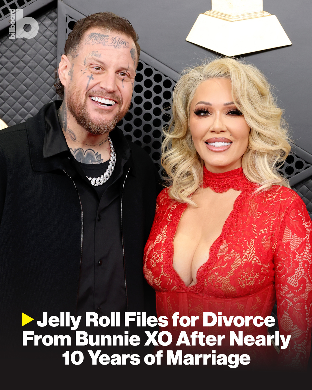 Jelly Roll has filed for divorce from wife Bunnie XO after nearly a decade of marriage, according to court documents first reported by TMZ.⁠
⁠
The filing was made on May 18 in Williamson County, Tennessee. The decision has been described as mutual and a private family matter, according to TMZ. The couple will continue co-parenting their two children — Bailee, 15, and Noah, 7, both from previous relationships.⁠
⁠
More details at the link in bio.