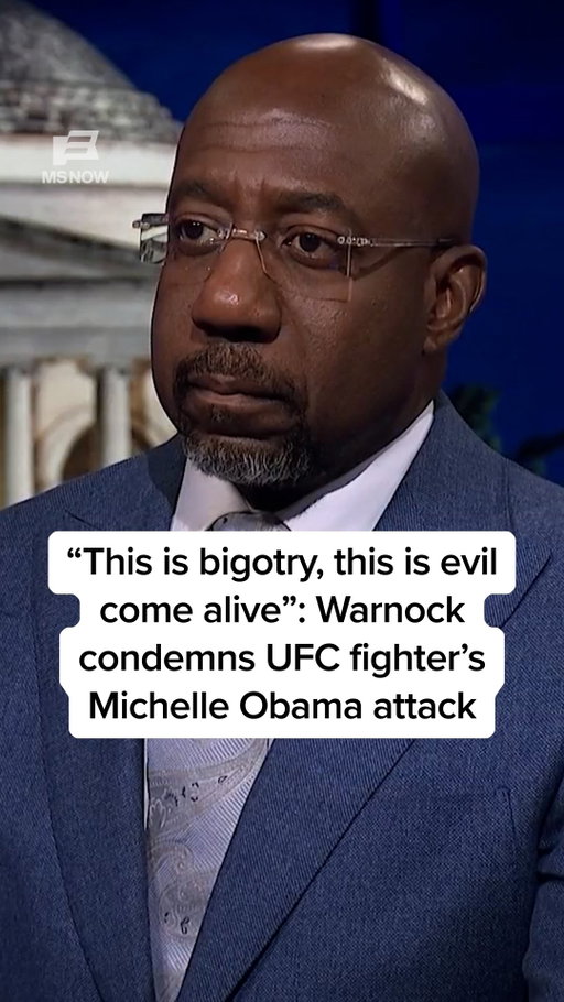 'This is bigotry, this is evil come alive': Warnock condemns UFC fighter's Michelle Obama attack • Democratic @senatorwarnock of Georgia joins MS NOW's @lawrence_odonnell to discuss his new book, “The Crooked Places Made Straight: Reflections on the Moral Meaning of America,” and responds to racist attacks directed at former First Lady Michelle Obama at Donald Trump's White House UFC event. Warnock condemned the remarks from Josh Hokit as "bigotry" and "evil come alive in words."