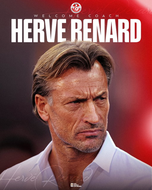 تعلن الجامعة التونسية لكرة القدم، تعيين Hervé Renard مدرباً للمنتخب الوطني إلى حين نهاية كأس العالم 2026، على أن يباشر مهامه بداية من مساء اليوم، وبنفس الامتيازات المالية. 
كما ينص الاتفاق على فتح المفاوضات بعد نهاية المشاركة في كأس العالم، من أجل تعاون طويل المدى بناء على أهداف رياضية محددة.
وسيتم تنظيم نقطة اعلامية للناخب الوطني الجديد في ملعب التمارين نصف ساعة قبل انطلاق الحصة التدريبية.