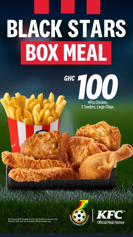 INTRODUCING THE BOX THAT PLAYS IN THE BIG LEAGUES. ⭐
Why settle for less when you can go all in?
The NEW Black Stars Box Meal comes fully loaded with:
 4 Pieces Chicken
2 Chicken Tenders
Large Chips
For only GHC 100.
More crunch. More flavour. More reasons to treat yourself.
This isn't just a meal.
It's a winning lineup.