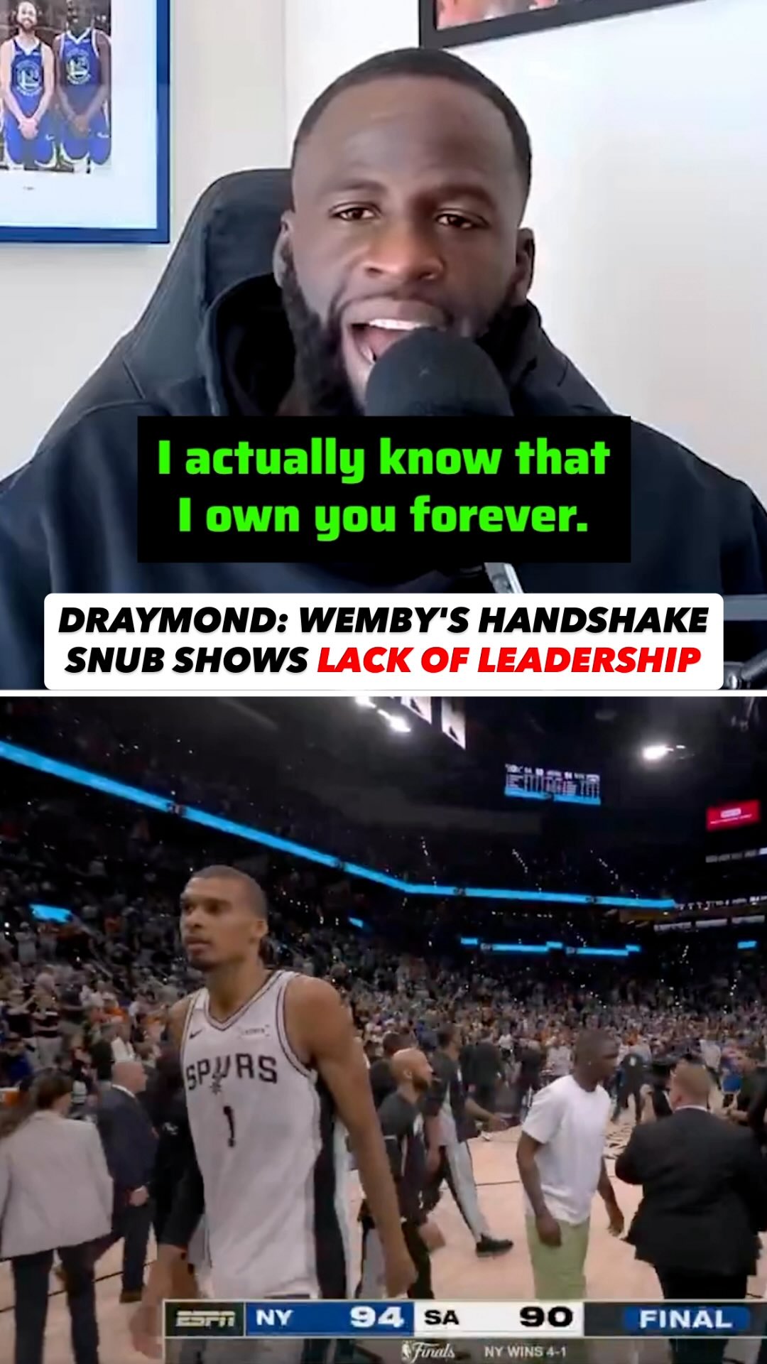 Draymond Green pulled no punches when talking about Victor Wembanyama’s decision to not shake hands with the Knicks after Finals loss 😲

Draymond speaking facts or nah? 👀

(🎥: Draymond Green Show)