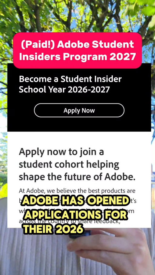 🚨 Adobe Student Insiders 2026-2027 apps close in 3 days, and it might be the best hack for networking with Adobe product teams for an entire year. This program includes free travel to Adobe's California HQ, and a paid stipend, and this is what you need to know:

- The only requirement seems to be a college student with an .edu email and being able to attend for 3 days, July 21 - 23, 2026.
- Transportation is comped, and you'll even be paid to attend.
- Some of my followers who don't have experience with Adobe products were still admitted after applying last year!

Good luck with your application, and remember to turn on your IG story notifications so you don't miss these recruiting events and application drops!

#computersciencemajor #quantintern #sweintern #adobeintern #googleintern

https://event.adobe.com/insiders-summit-26