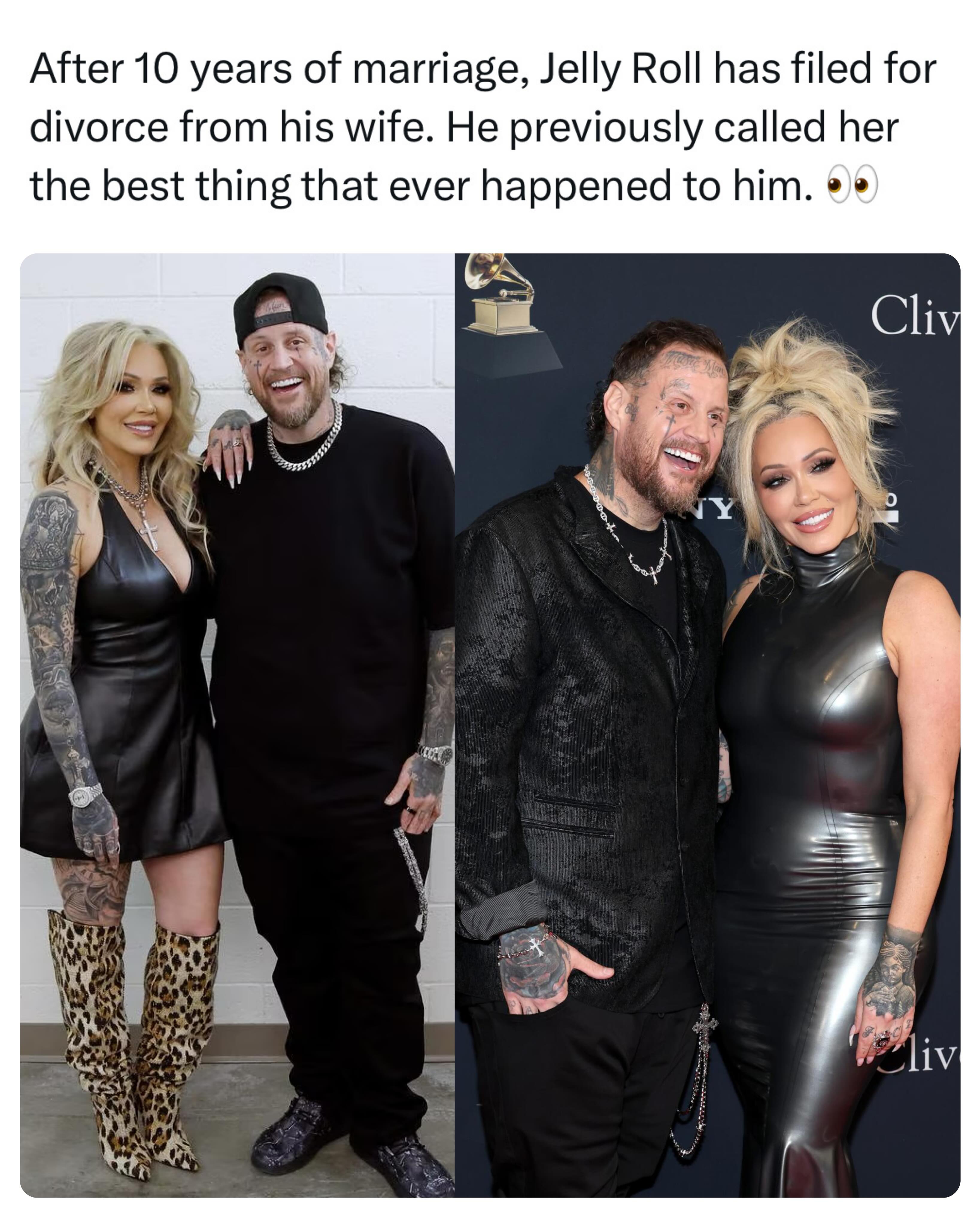 After 10 Years of Marriage, Jason “Jelly Roll” Deford has decided to call it quits and divorce his wife #BunnieXO , he previously called her the best thing that has happened in his life next to his kids💔

#explore #news #jellyroll #music
