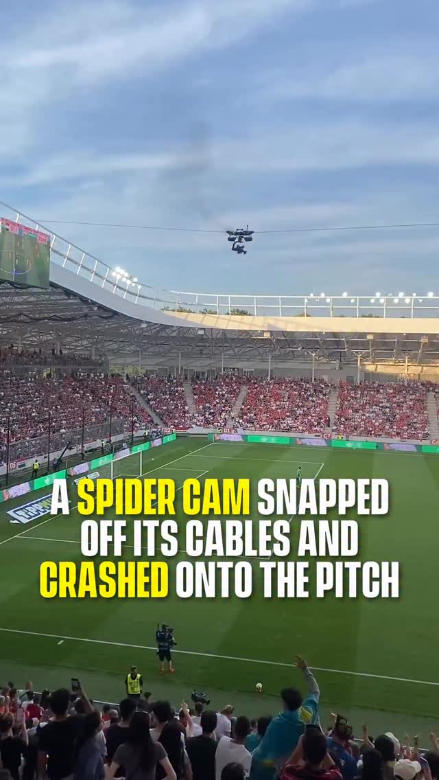The suspended camera that glides over the pitch snapped off its cables during Hungary’s friendly against Kazakhstan in Debrecen and came crashing down, missing the sideline cameraman by just a few meters. These cams hang from four motorized cables strung between the stands, and a single failure point sends the whole rig down.

(Márk via ViralHog)

#football #pubity