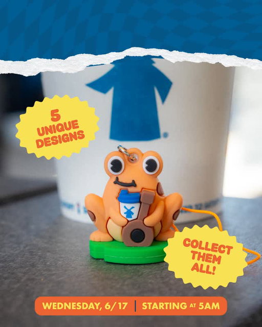 Hop on over 🤫🐸 ⁣
⁣
Starting at 5AM on Wed, 6/17, get a mystery frog charm w/ every medium or large drink purchase. ⁣
⁣
While supplies last. Max 5 per customer. Order ahead availability will vary by location.
