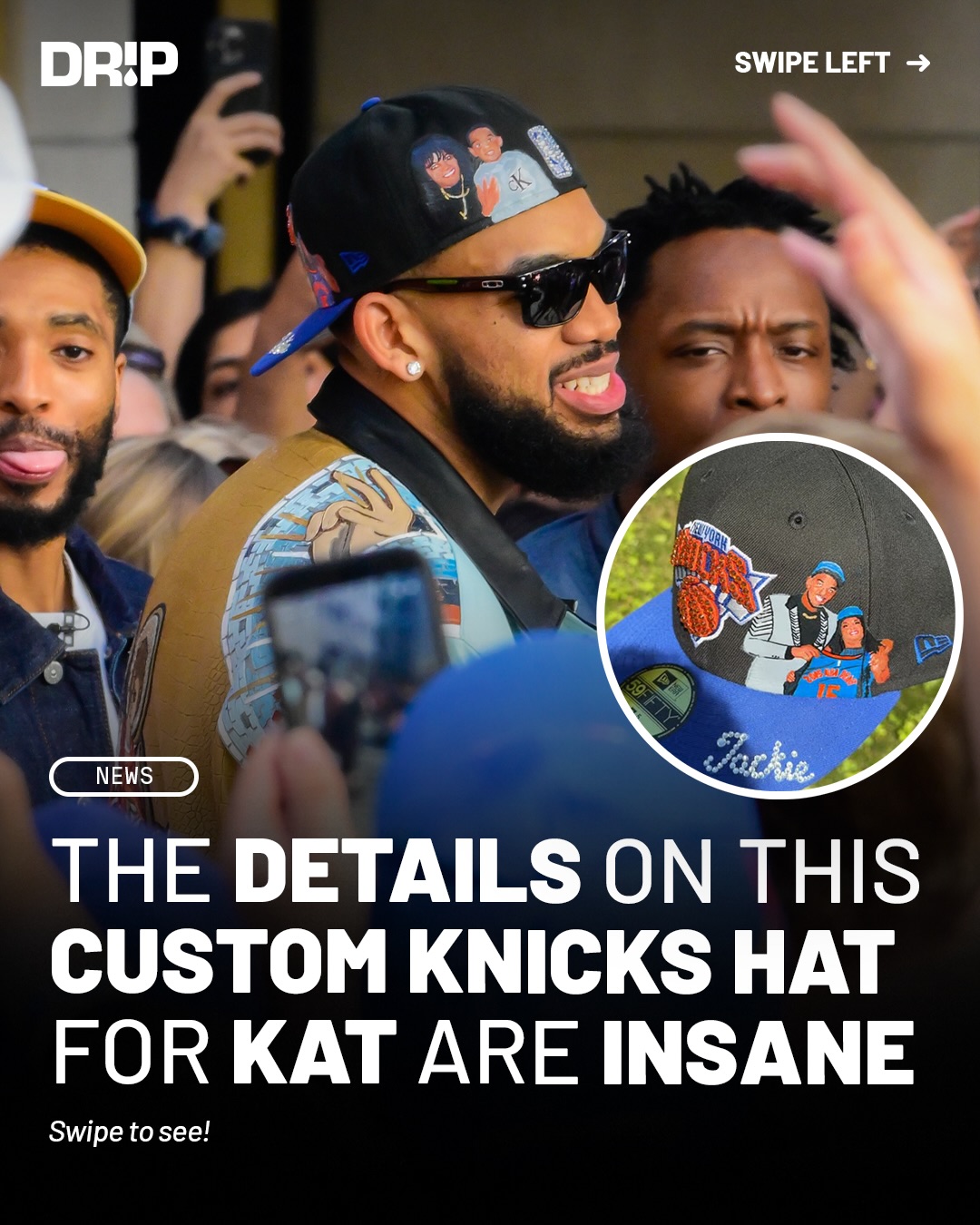Karl-Anthony Towns was seen wearing a custom Knicks hat featuring two special photos with his late mother, one from his childhood and another from the 2015 NBA Draft. Her name is also included on the brim as a tribute to her memory 💙🧡

By @playboiartist & @polancaps