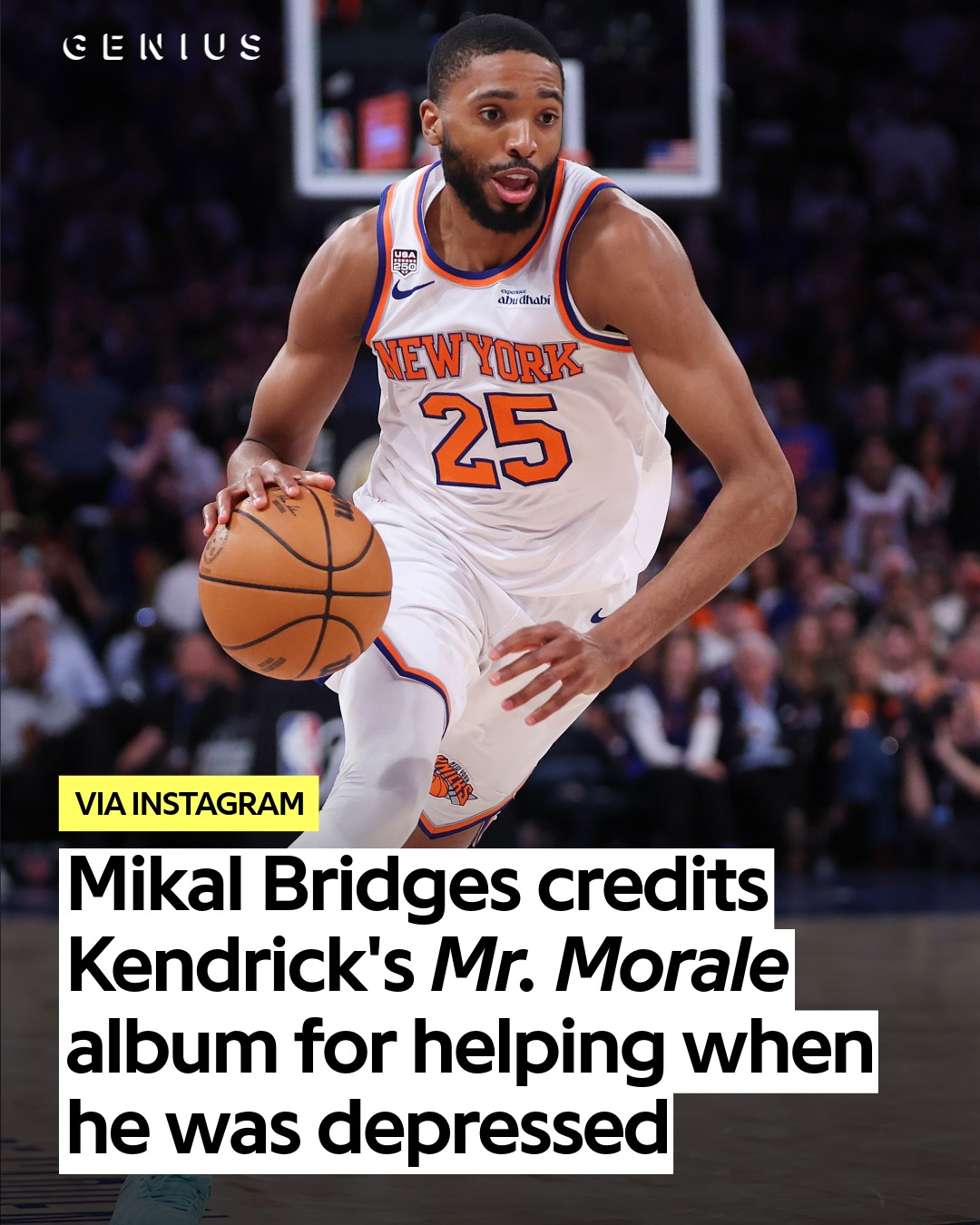 new york knicks forward mikal bridges hopped on instagram live the day after winning the nba championship to celebrate with fans, telling stories, and answering questions in the chat. while most of the conversation was on basketball, we did learn a bit about mikal's music taste too. 🎧🏀

when kendrick lamar's "count me out" started to play in the background, mikal recalled how the 'mr. morale and the big steppers' album helped him after a tough playoff loss in 2022 when he was still playing for the phoenix suns.