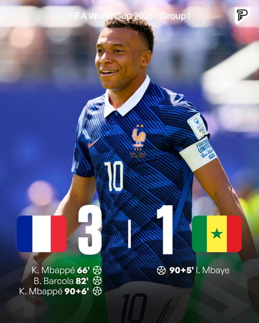 🇫🇷 FRANCE OPEN THEIR WORLD CUP CAMPAIGN WITH A 3-1 WIN OVER SENEGAL.

Kylian Mbappé broke the deadlock before Bradley Barcola added another, and Mbappé put the finishing touch on the win with a late goal as Les Bleus secured all three points in their tournament opener.

A winning start for France as they begin their quest for World Cup glory. 🇫🇷🏆

#Viral #Pubity #2026WorldCup