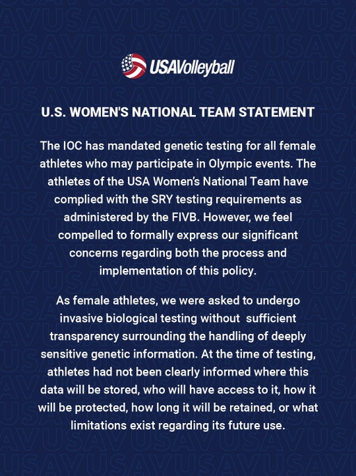 Please see our updated statement on July 28. The FIVB, USA Volleyball, and the USA Women's National Team create a constructive path forward regarding the SRY screening process.