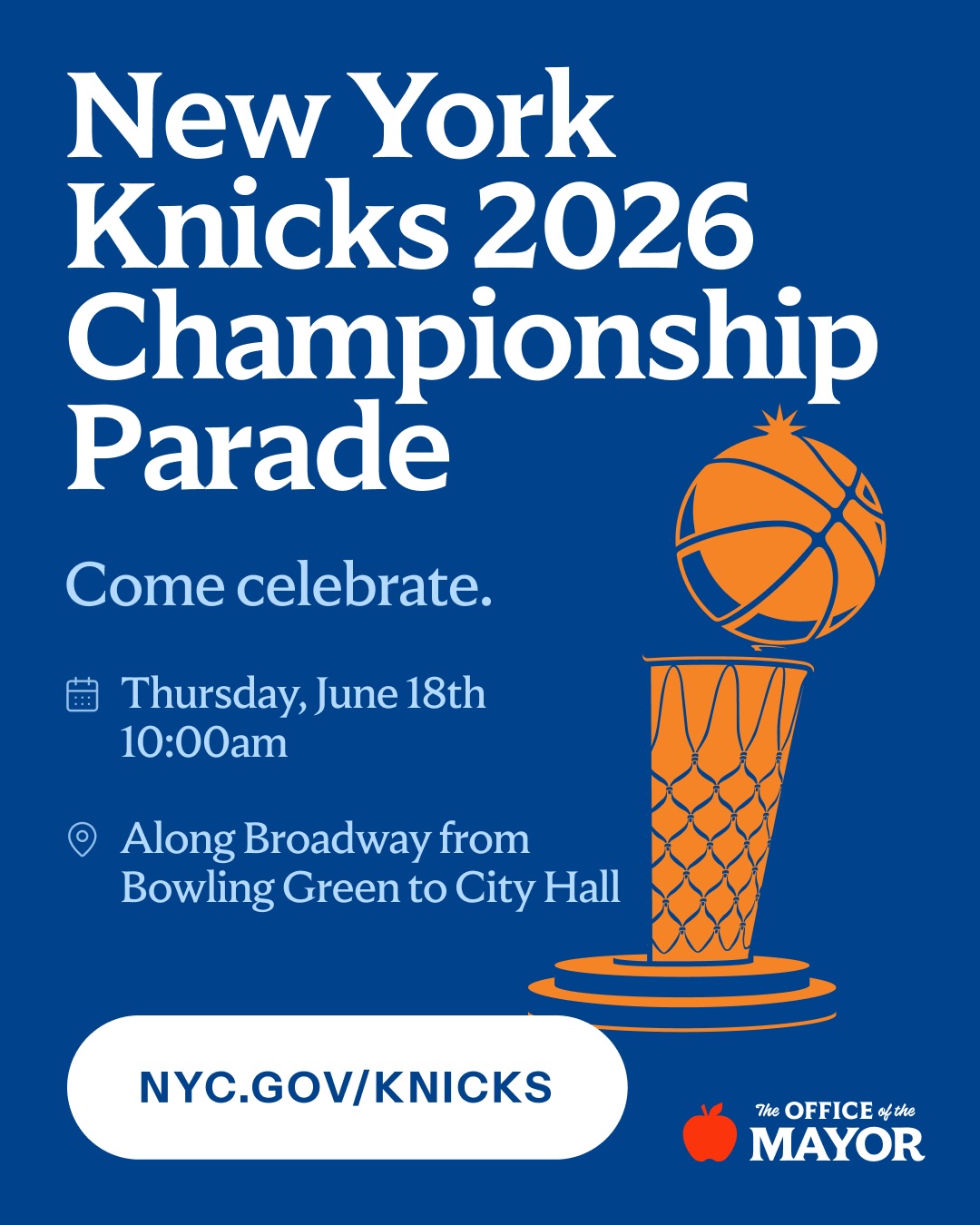 Join us for the New York Knicks Championship Parade on Thursday. Everything you need to know is at nyc.gov/knicks — check back throughout the week for the most updated information. 

Viewing along the Parade route on Broadway is free and open to everyone, no ticket required. Get there early, as crowds will form quickly, and get ready to cheer for our Knicks.