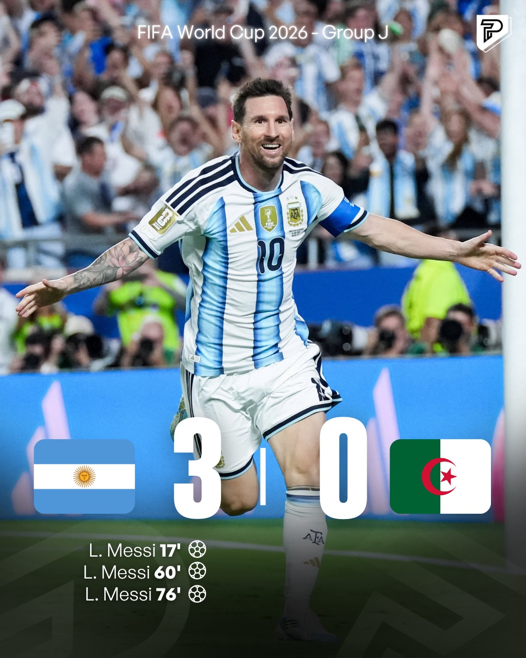 🇦🇷 ARGENTINA OPEN THEIR WORLD CUP TITLE DEFENCE WITH A 3-0 WIN OVER ALGERIA.

Lionel Messi scored all three goals, becoming the first player in history to feature in six FIFA World Cups as the reigning champions kicked off their campaign in style.

Argentina move to the top of Group J after Matchday 1.

#pubity #viral #2026WorldCup