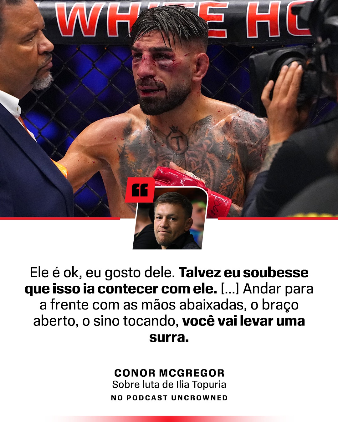Lenda do UFC, Conor McGregor não poupou críticas a Ilia Topuria depois da derrota para Justin Gaethje no UFC Casa Branca, realizado na madrugada da última segunda-feira (15).

Durante a participação no podcast Uncrowned, Conor McGregor criticou a postura de Topuria diante de Gaethje, mas vê o espanhol com chances de dar a volta por cima no UFC.

#ESPNKnockOut #Topuria ##McGregor