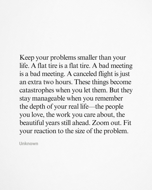 Been thinking about this a lot lately.

Don't let a bad 5 minutes ruin a perfectly good 24 hours.

Fit your reaction to the size of the problem.