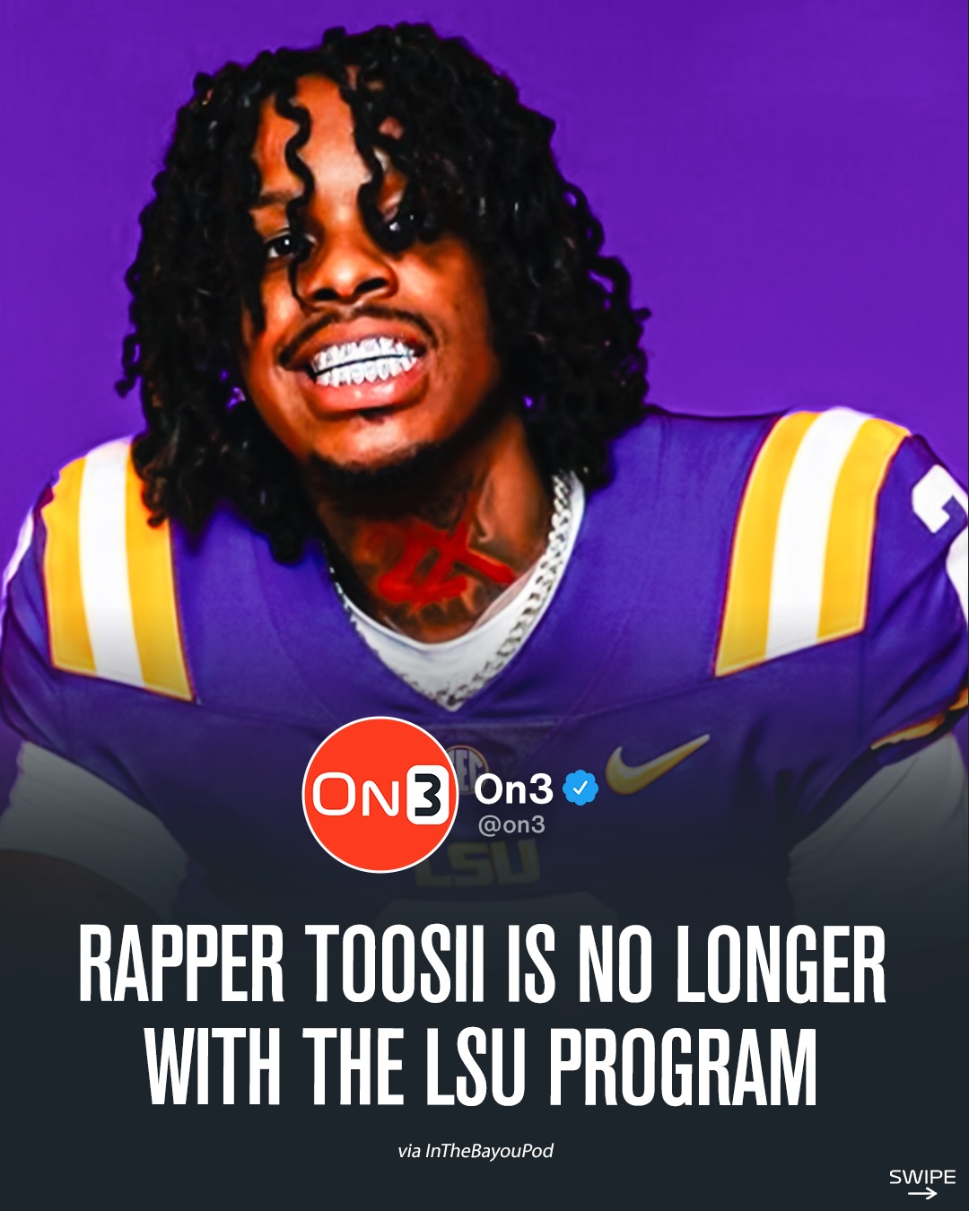 Rapper Toosii is no longer with the LSU football program, head coach Lane Kiffin announced.

“He signed with one of those gambling companies where you do the commercials and stuff... so he went back to his professional career, but I really enjoyed being around him. It wasn’t a stunt at all.”

(via @inthebayoupod)

Follow @On3CFB for year round
College Football content