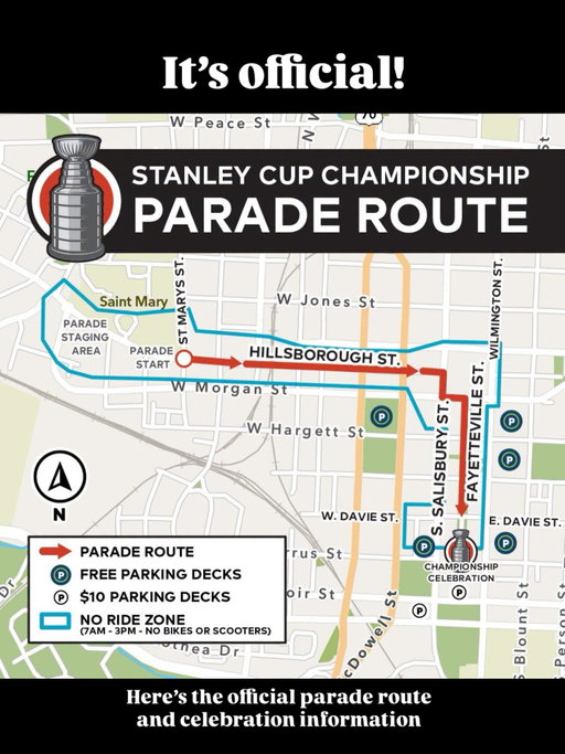 PARADE • This is the official @canes parade information! The Stanley Cup is back in Raleigh, and it’s time to celebrate!
❤️🏒🏆
The official Carolina Hurricanes 2026 Championship Celebration (presented by Spectrum) will feature a parade and rally on Saturday, June 20, at 11:00am in Downtown Raleigh.

📍Parade Route
Saturday’s parade will begin at the intersection of Hillsborough and St. Mary’s Street and travel toward the State Capitol before heading down Fayetteville Street to Davie Street.

Following the conclusion of the parade, there will be a rally held at City Plaza, where fans can gather to hear from players, coaches, and special guests.
 
🅿️Parking Information
There will be five City decks offering free parking for the celebration:

👉Cabarrus St. | 436 S. Salisbury St.
👉Moore Square Deck | 233 S. Wilmington St.
👉City Center Deck | 429 S. Wilmington St.
👉City Hall Parking Deck | 201 W. Morgan St.
👉Wilmington St. Station Deck | 117 S. Wilmington St.

Additionally, the Performing Arts Center and Convention Center Decks will cost a flat $10.

📲Text CANESPARADE to 888777 to get real-time updates on traffic, weather, and safety for the Championship Celebration.
❤️🏒🏆

People are coming from all over, so be prepared for large crowds. 

Businesses along the route are getting in to the fun as well. Check out @dramanddraughtraleigh @le.dive.bar and @thecupcakeshopperaleigh just to name a few. 

@copperlineplants will be offering 15% off houseplants!
❤️
Know of any other others? Drop them in the comments. Are you planning to go to the parade? 
❤️🏒🏆