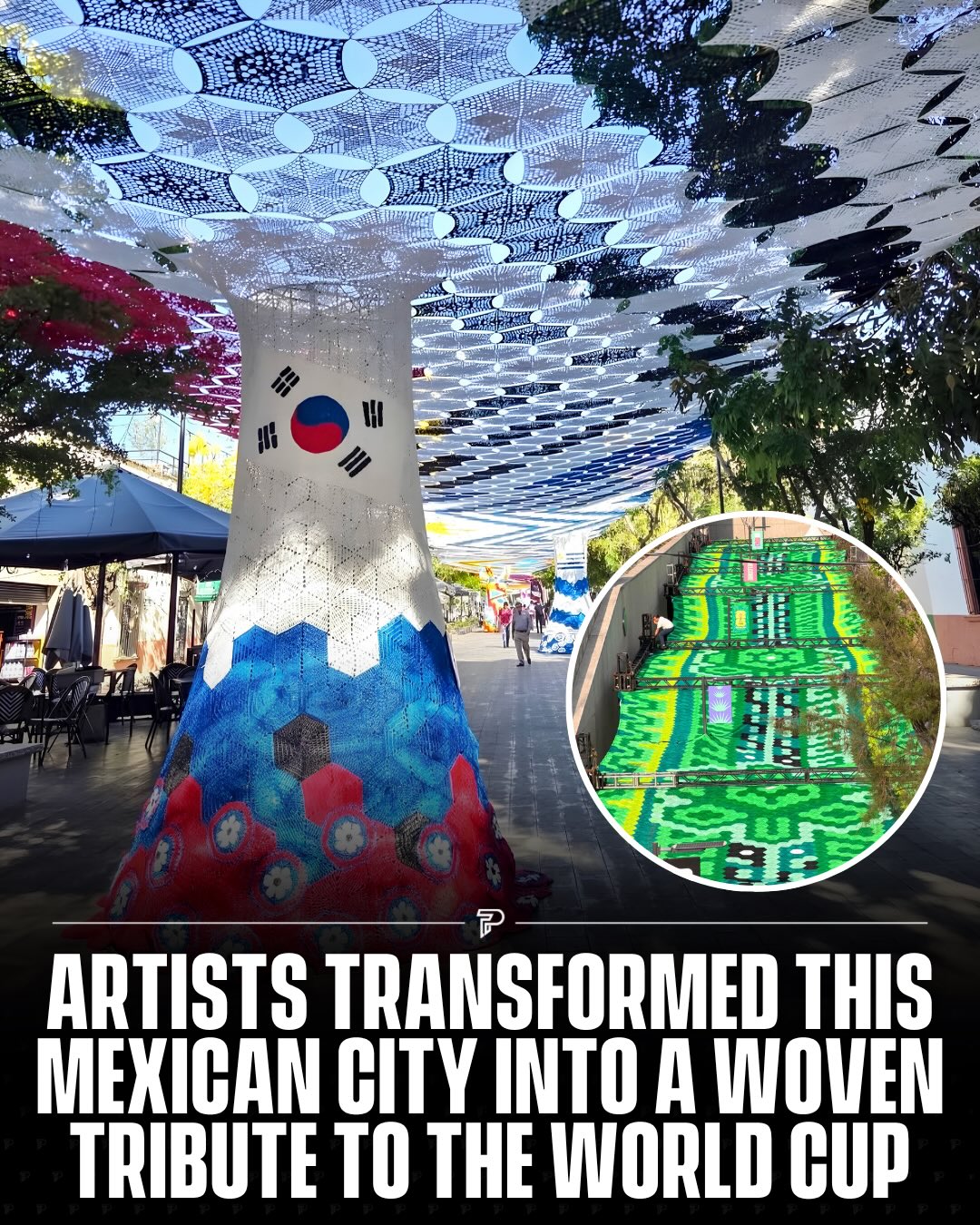 Over 200 women artisans from Etzatlán, Jalisco spent five months crocheting a canopy that now stretches 220 metres over a pedestrian street in Zapopan’s historic center. 

Made from 1,400 kilometres of thread, it honors the 7 national teams playing at Estadio Guadalajara during the 2026 World Cup, including Mexico, Colombia, South Korea, Spain, Uruguay, DRC, and Czech Republic.

The collective behind it broke the Guinness World Record for the largest crochet canopy back in 2019. Families are now traveling from neighboring states just to see it.

(via: @cielotejidoac)

-

#Pubity #Viral #Art