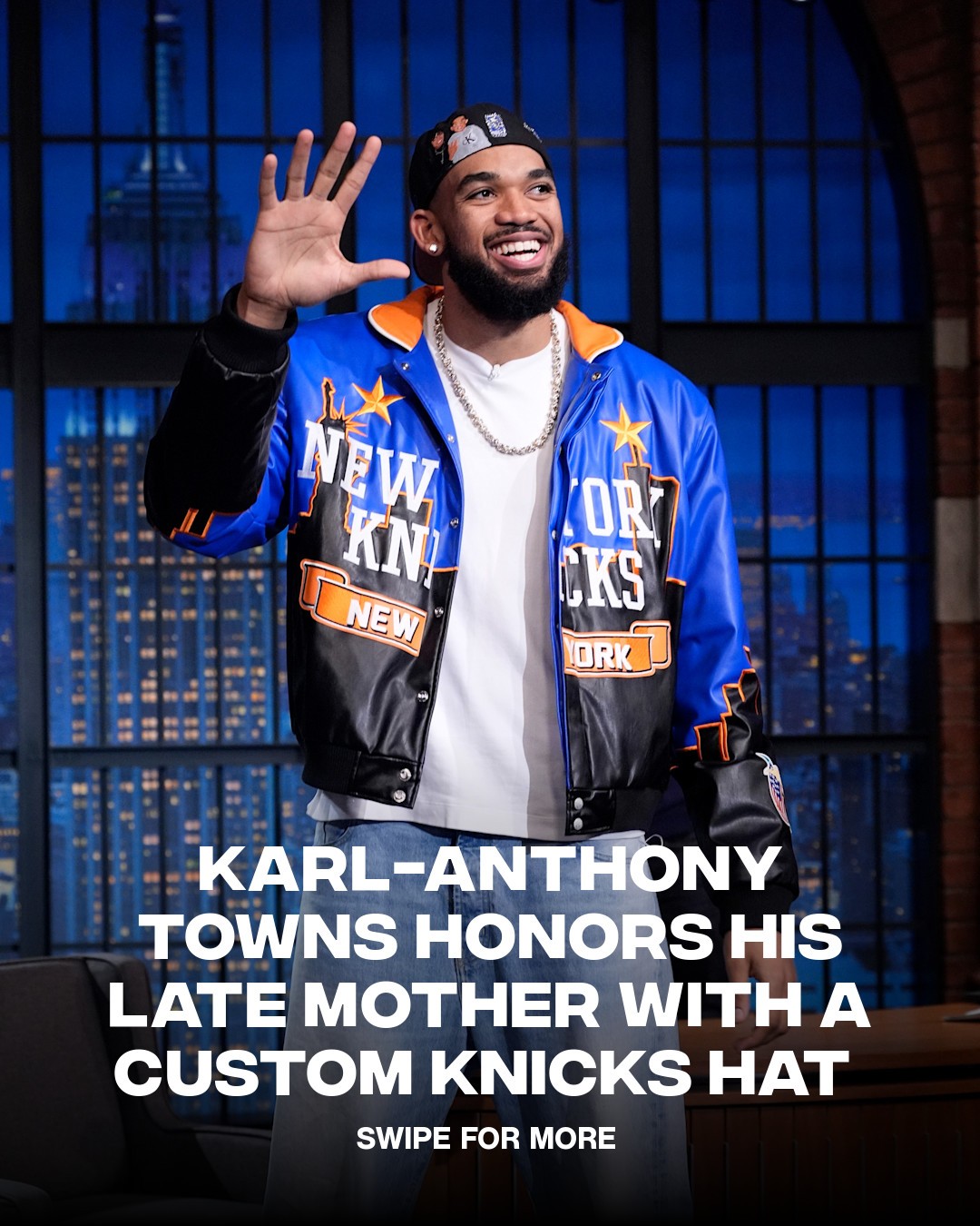 Created by @playboiartist and @polancaps 💙🧡
ㅤ
Karl-Anthony Towns’ custom Knicks hat features his late mothers name and photos of him and her from the 2015 NBA Draft.
ㅤ
📸: Getty