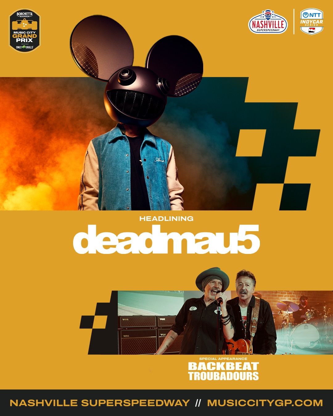 Start your engines… and your playlists! 🎧🏁

We’re turning up the volume at the @borchettabourbon Music City Grand Prix presented by OnlyBulls with a LIVE performance from our headliner @deadmau5 and a special appearance from the @backbeattroubadours! 

Feel the roar of INDYCAR and the energy of Music City all in one unforgettable day at Nashville Superspeedway.

Grab your tickets now at the link in bio.

#MusicCityGP