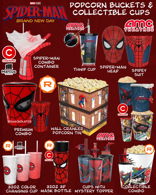 I am SOOOO excited for Spider-Man Brand New Day and even more excited for the food related releases!

Since tickets went up for sale this morning, theaters announced their new popcorn buckets and collectible cups that *should* drop slightly before the movie is released.

Cinemark and Marcus have the amazing Spider-Man Combo Container that is a web shooting hand you can eat and drink from!

AMC has some exclusives including the Spider-Man Head bucket, Spidey Suit tin, and Thwip Cup with light up swinging action!

Regal is getting the Premium Combo bucket and cup along with the Wall Crawler Popcorn Tin.

There are more tins, buckets, and cups going to theaters as well and the 32oz Color Changing cup at both Regal and Marcus look amazing!

I cannot wait to get my hands on some of these - which @spidermanmovie collectibles are you grabbing?

#spiderman #spidermanbrandnewday #popcornbuckets #popcornbucket #buckets
