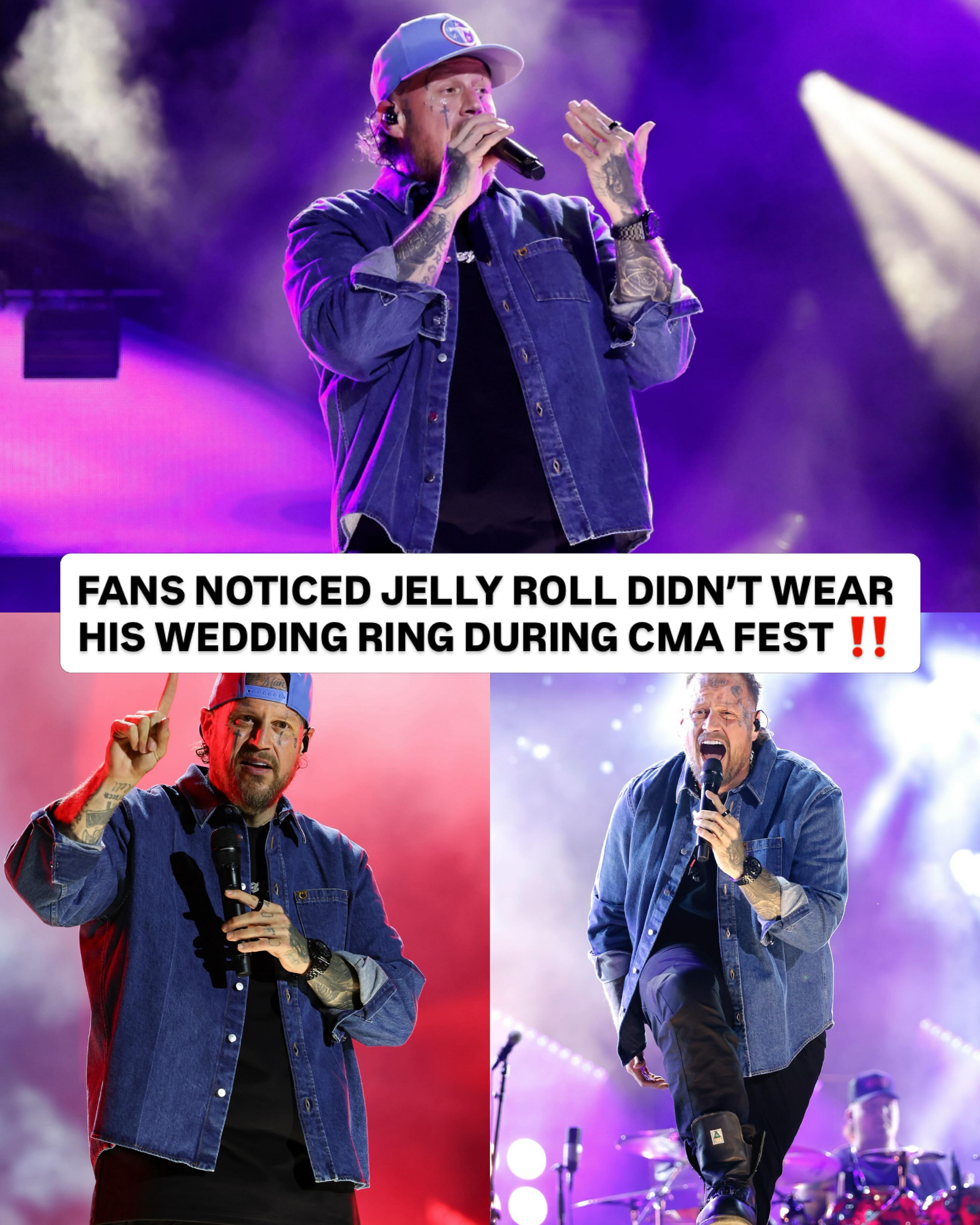 Following the news of Jelly Roll’s divorce from Bunnie XO, many fans had already noticed that Jelly Roll wasn’t wearing his wedding ring during CMA Fest ‼️

Jelly Roll reportedly filed for divorce on May 18, approximately two and a half weeks before CMA Fest