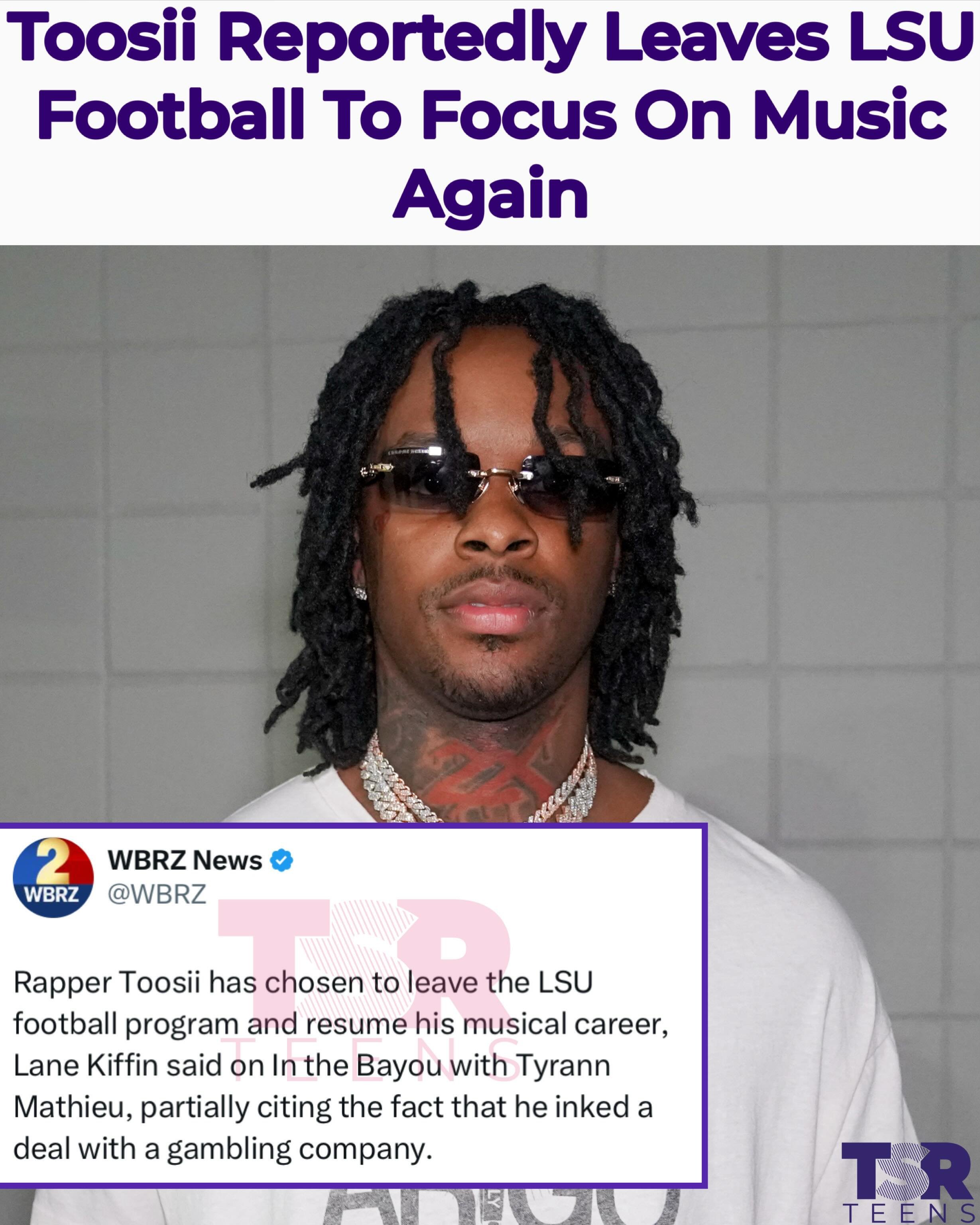 TSR Staff: Kai H! @itskaidiamond
__________________________________
#Toosii has reportedly stepped away from LSU’s football program and returned to focusing on his music career, according to LSU head coach Lane Kiffin.
__________________________________
During a recent appearance on Tyrann Mathieu’s podcast, Kiffin said Toosii left the program due to limitations associated with balancing college football and his professional music career.

“He signed with one of the gambling companies where you do commercials and promotional work,” Kiffin said on the podcast, which was released Tuesday.
__________________________________
According to WBRZ, Toosii informed the team he wanted to return to making music full time after pursuing football at the collegiate level.

The LSU coach said the rapper’s decision to join the football program was genuine and not a publicity stunt. “I really enjoyed being around him. It wasn’t a stunt at all,” Kiffin said. “He really wanted to see if he could do it.” (📸: @gettyimages) ✍🏽: #TSRStaffKH