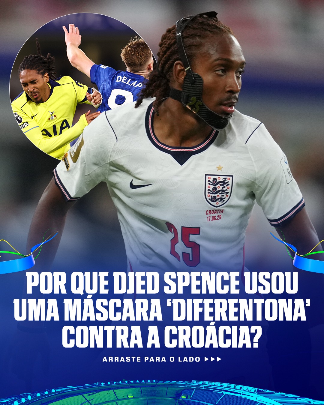 MÁSCARA 'DIFERENTONA' DO SPENCE NA COPA DO MUNDO?! 😳🔥 Uma cena curiosa chamou a atenção quando o lateral Djed Spence entrou no lugar de Jude Bellingham na reta final da vitória da Inglaterra sobre a Croácia, por 4 a 2, na estreia da Copa do Mundo de 2026. O lateral do Tottenham estava utilizando uma máscara no rosto.

Isso foi necessário porque o lateral ainda não se recuperou totalmente de uma fratura na mandíbula sofrida durante um choque em partida válida pela Premier League, em maio.

O prazo de recuperação era de três meses, mas Spence foi liberado para entrar em campo pela seleção da Inglaterra desde que utilizasse a máscara.

Assista à Copa do Mundo FIFA pela CazéTV, no #DisneyPlus, sem custo adicional.

#ESPN2026 #FIFAWorldCup #PL #Recap