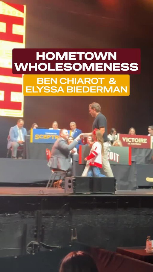 Hamilton native and Red Wings player Ben Chiarot and his daughter announce Michigan native and new Hamilton player Elyssa Biederman at the Draft in Detroit.